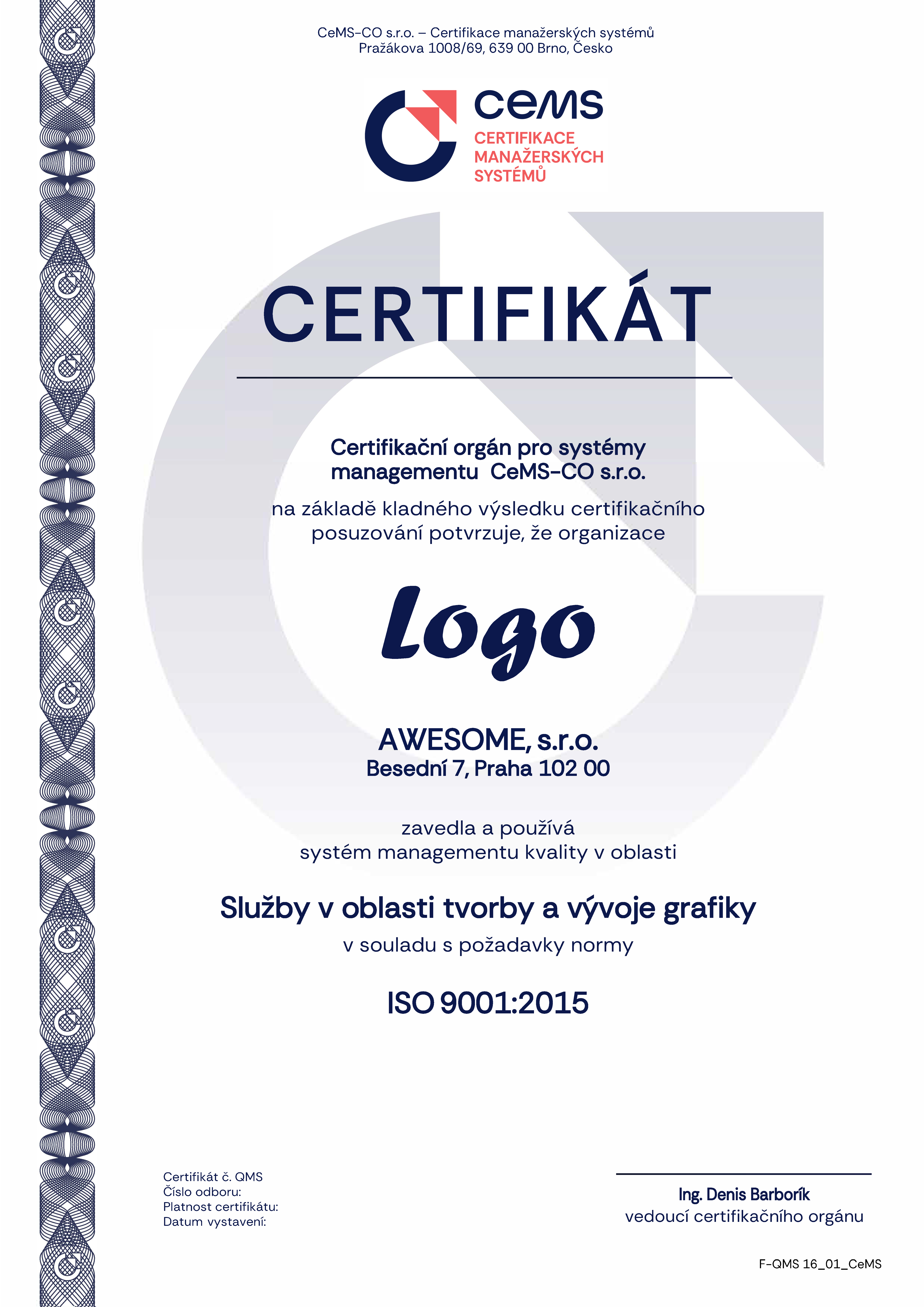 vzor certifikátu ISO 9001 od CeMS